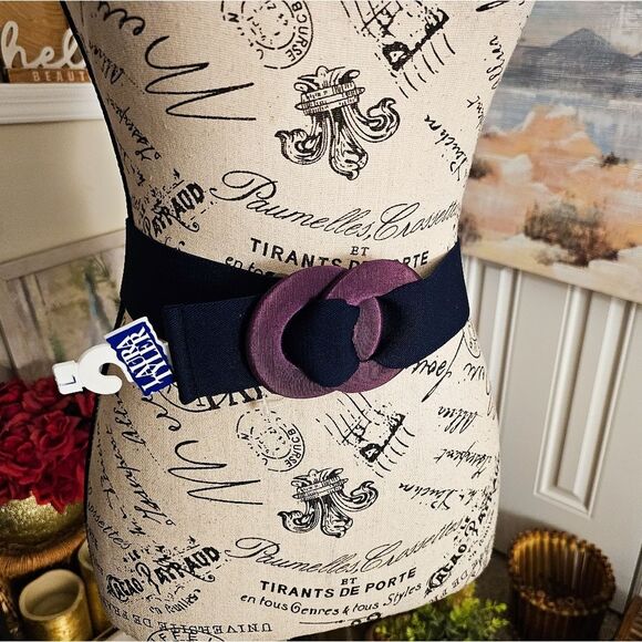 VTG Laura Tyler Stylish Elastic Navy & Purple Wide Statement Belt - M Fit - Picture 2 of 16